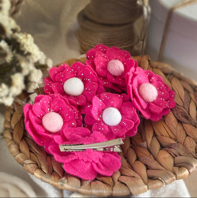 Hot Pink Flower Hair Clips Set of 6 - Foam Flowers with Sparkle & Pearl Centers