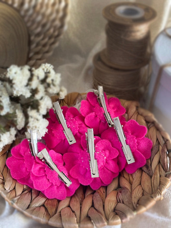 Hot Pink Flower Hair Clips Set of 6 - Foam Flowers with Sparkle & Pearl Centers