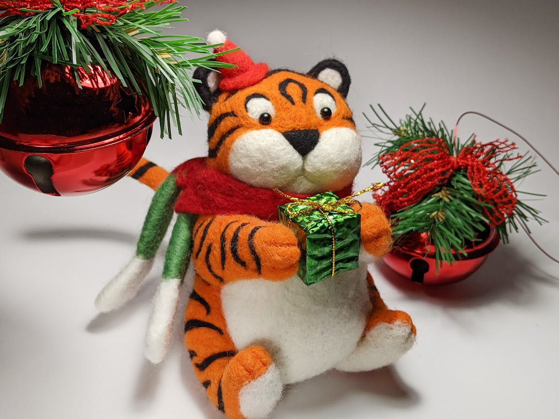 Christmas Tiger with Gift Sculpture