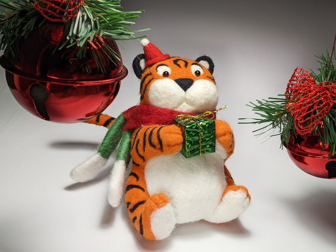 Christmas Tiger with Gift Sculpture