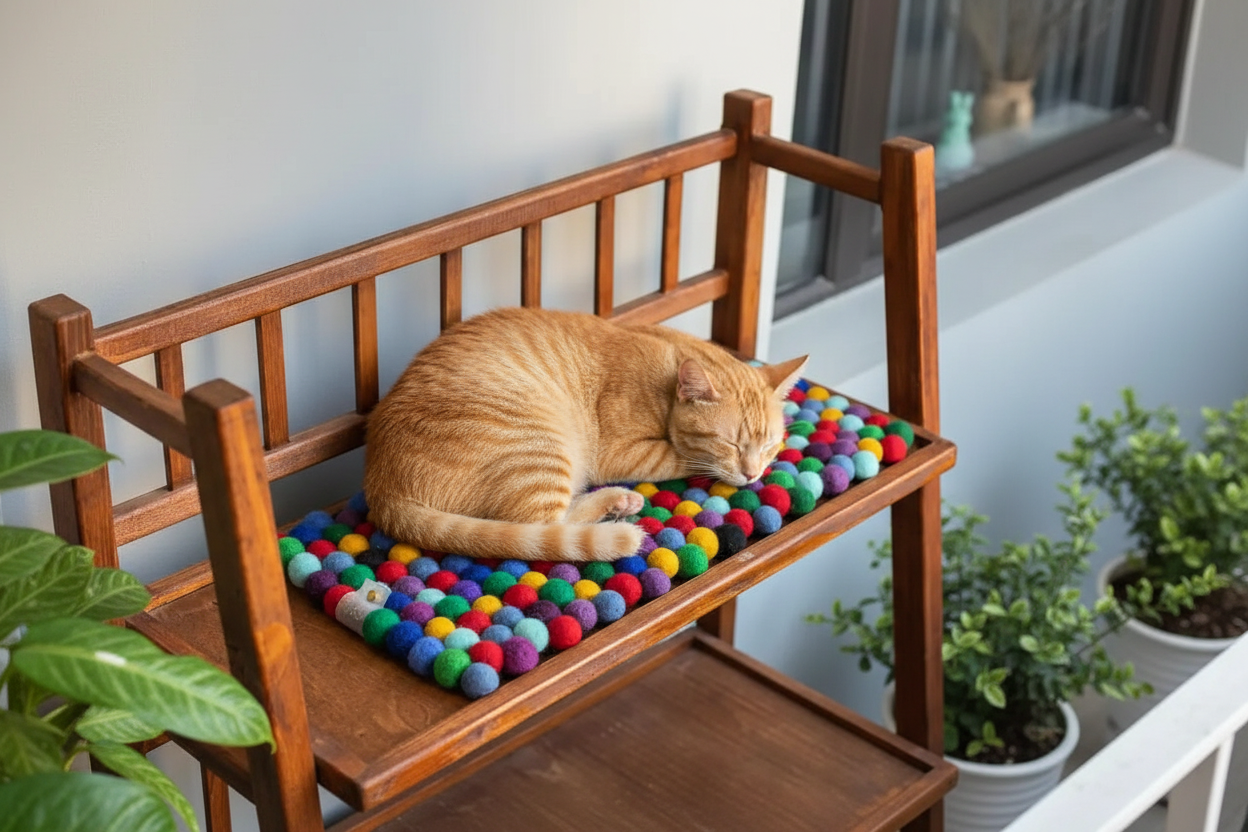 Rainbow Dreams - Wool Ball Pet Bed Mat for Cats & Small Dogs