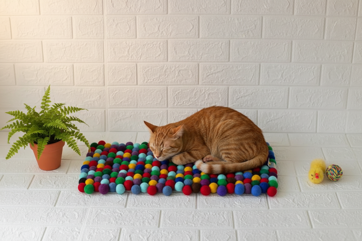 Rainbow Dreams - Wool Ball Pet Bed Mat for Cats & Small Dogs