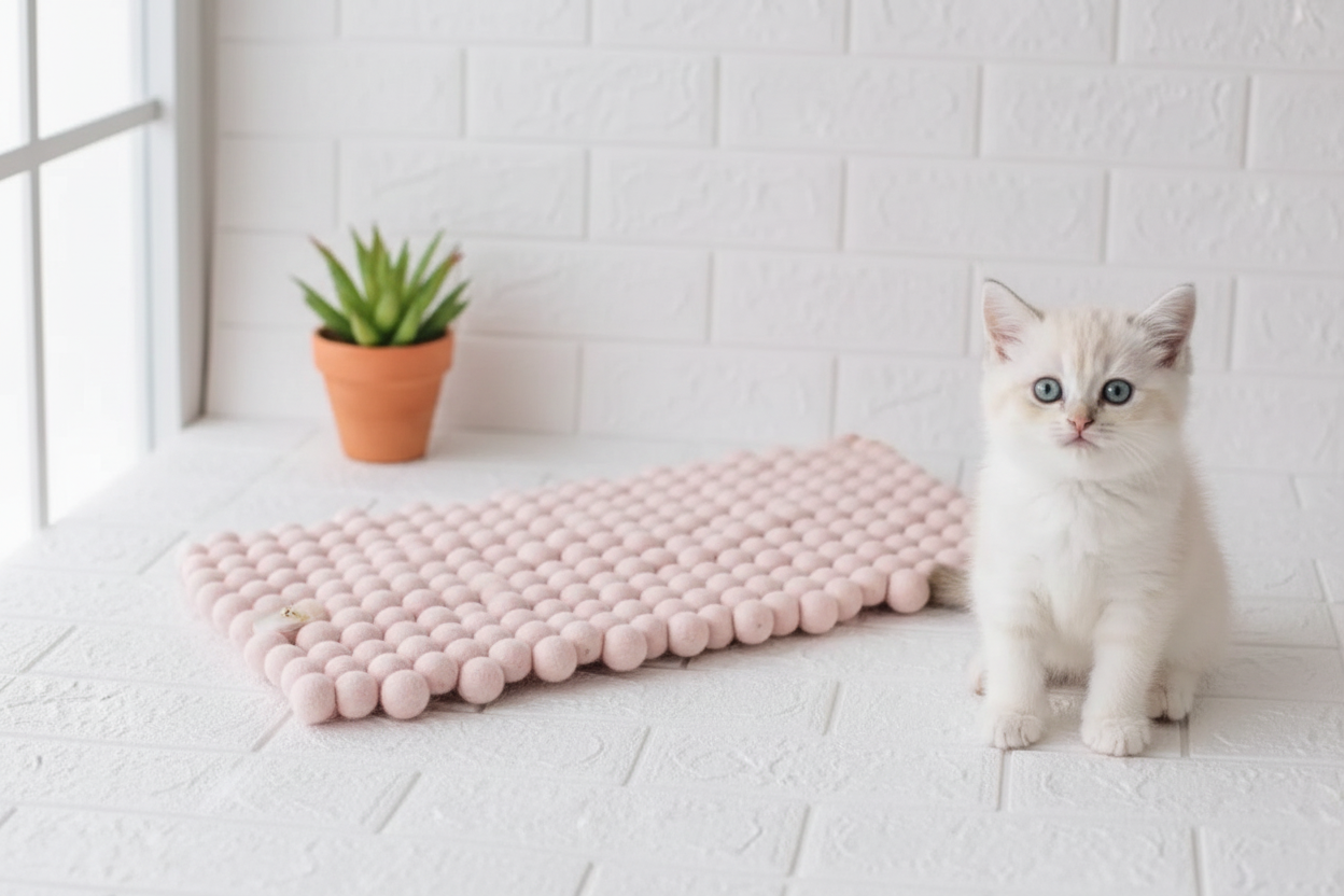 Blushing Pink Dreams - Wool Ball Pet Bed Mat for Cats & Small Dogs