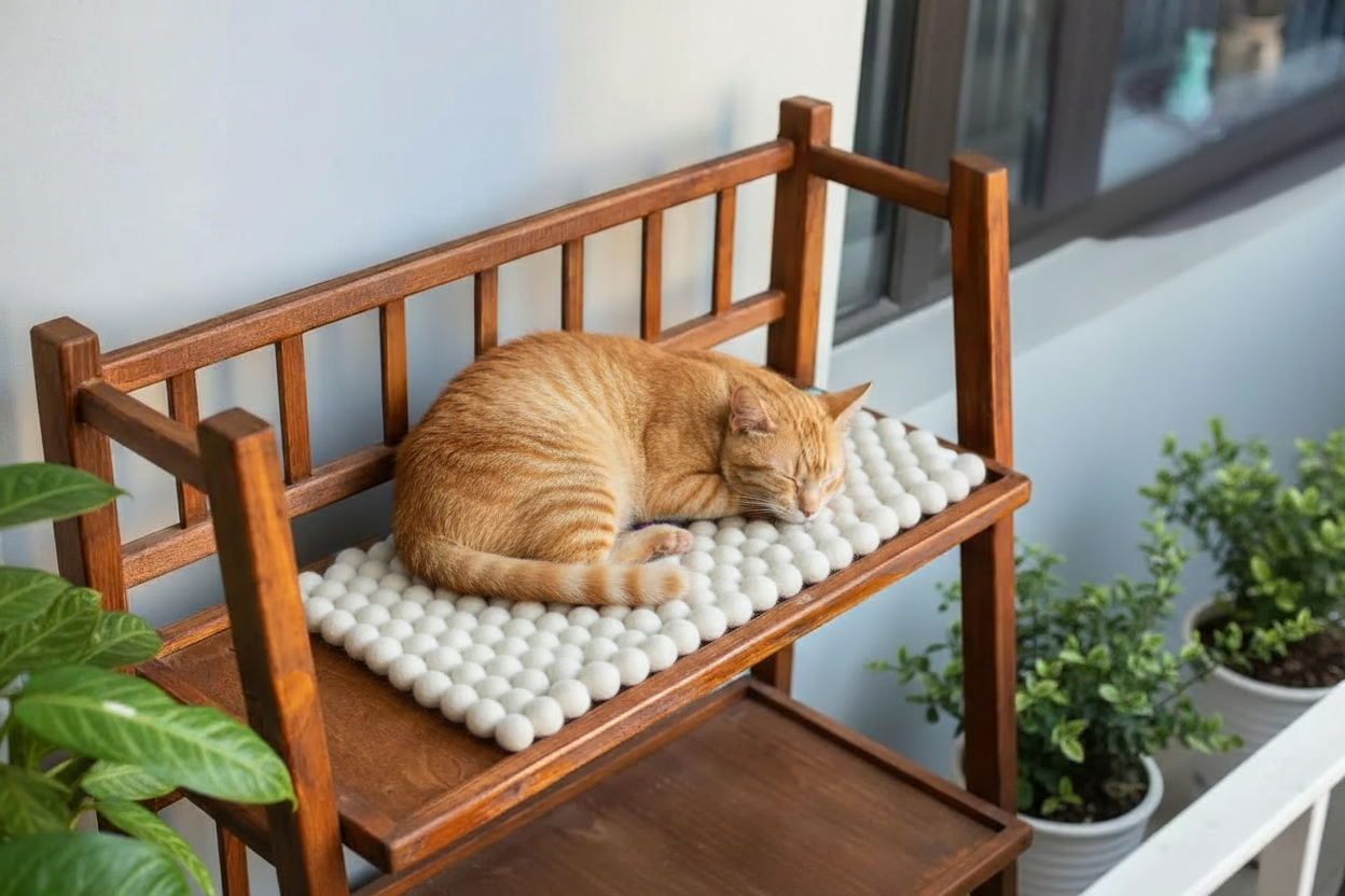 Snowy Dreams - Wool Ball Pet Bed Mat for Cats & Small Dogs