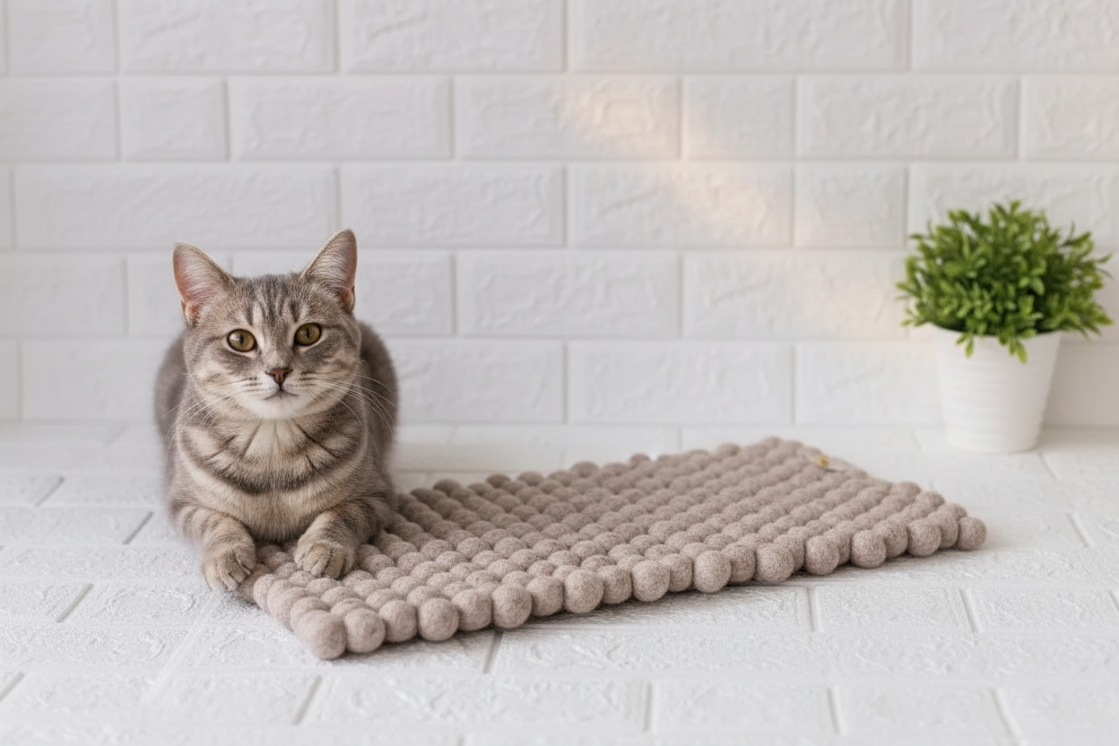 Caramel Melange Dreams - Wool Ball Pet Bed Mat for Cats & Small Dogs