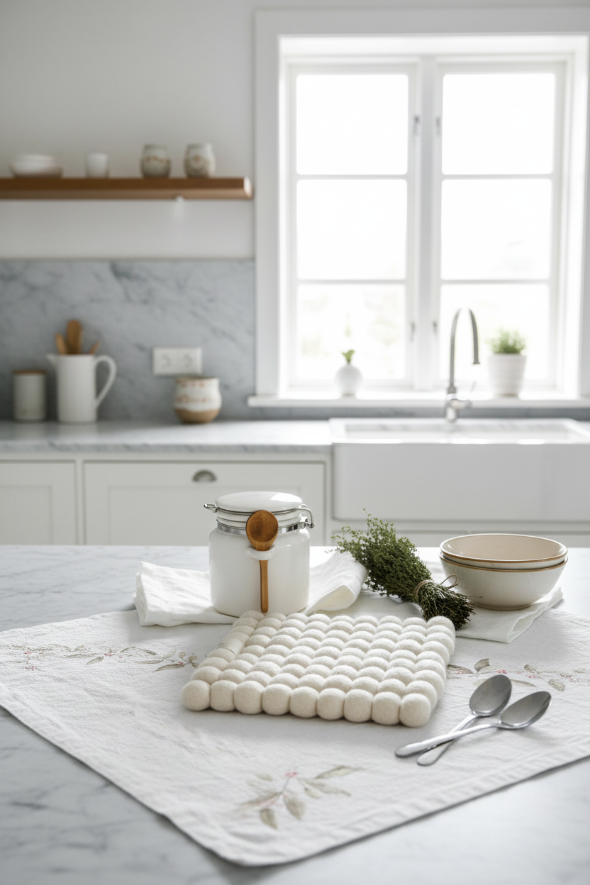 Wool Ball Trivet - Natural White Square shape