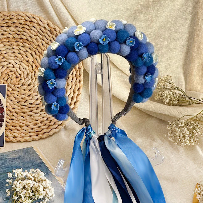 Sky Blue Wool Ball Flower Crown with Satin Ribbons
