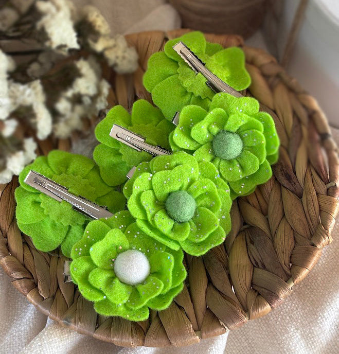 Lime Green Flower Hair Clips Set of 6 - Foam Flowers with Sparkle