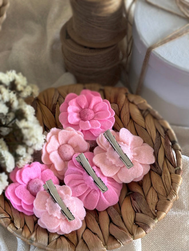 Pink Flower Hair Clips Set of 6 - Soft Foam Flowers with Pearl Centers