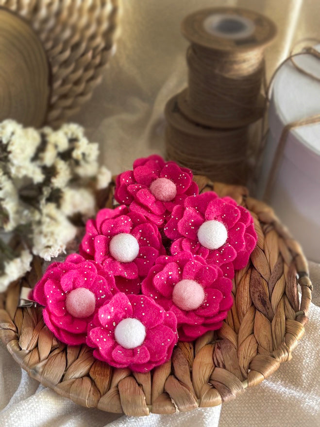 Hot Pink Flower Hair Clips Set of 6 - Foam Flowers with Sparkle & Pearl Centers