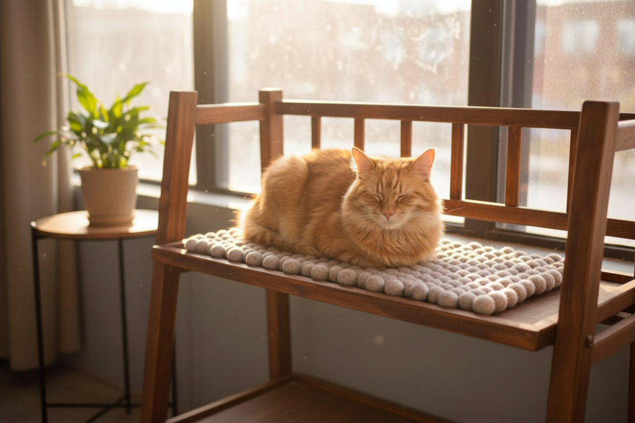 Caramel Melange Dreams - Wool Ball Pet Bed Mat for Cats & Small Dogs