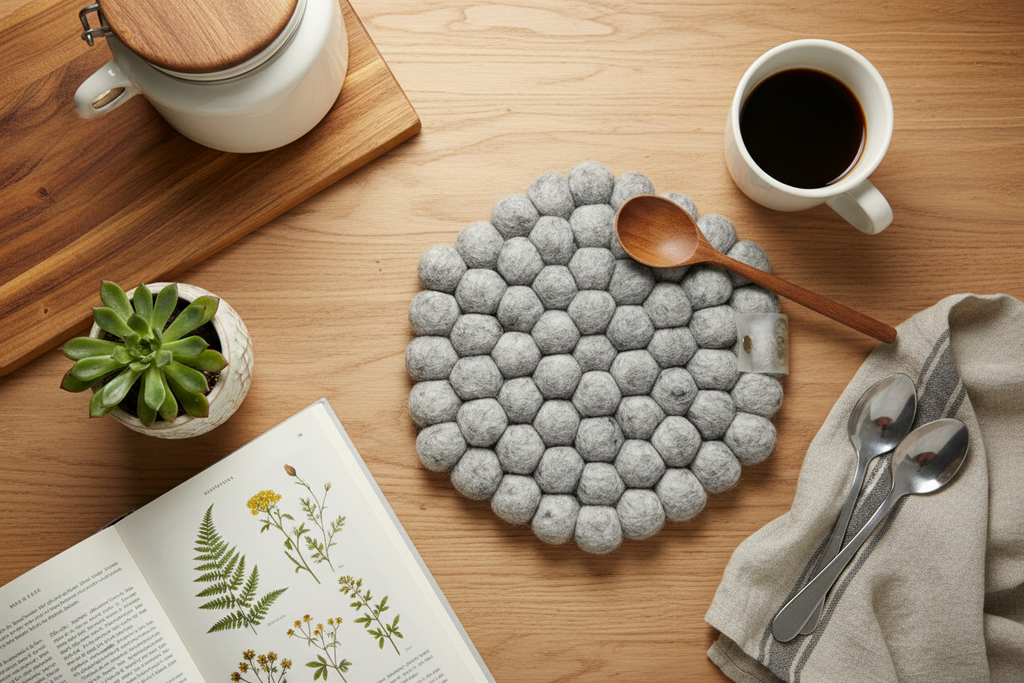 Handmade Wool Trivets - Hexagon Grey Melange