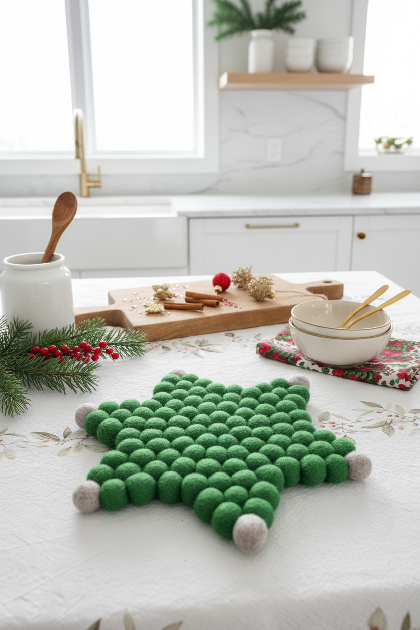 Handmade Wool Trivets - Star Christmas Green