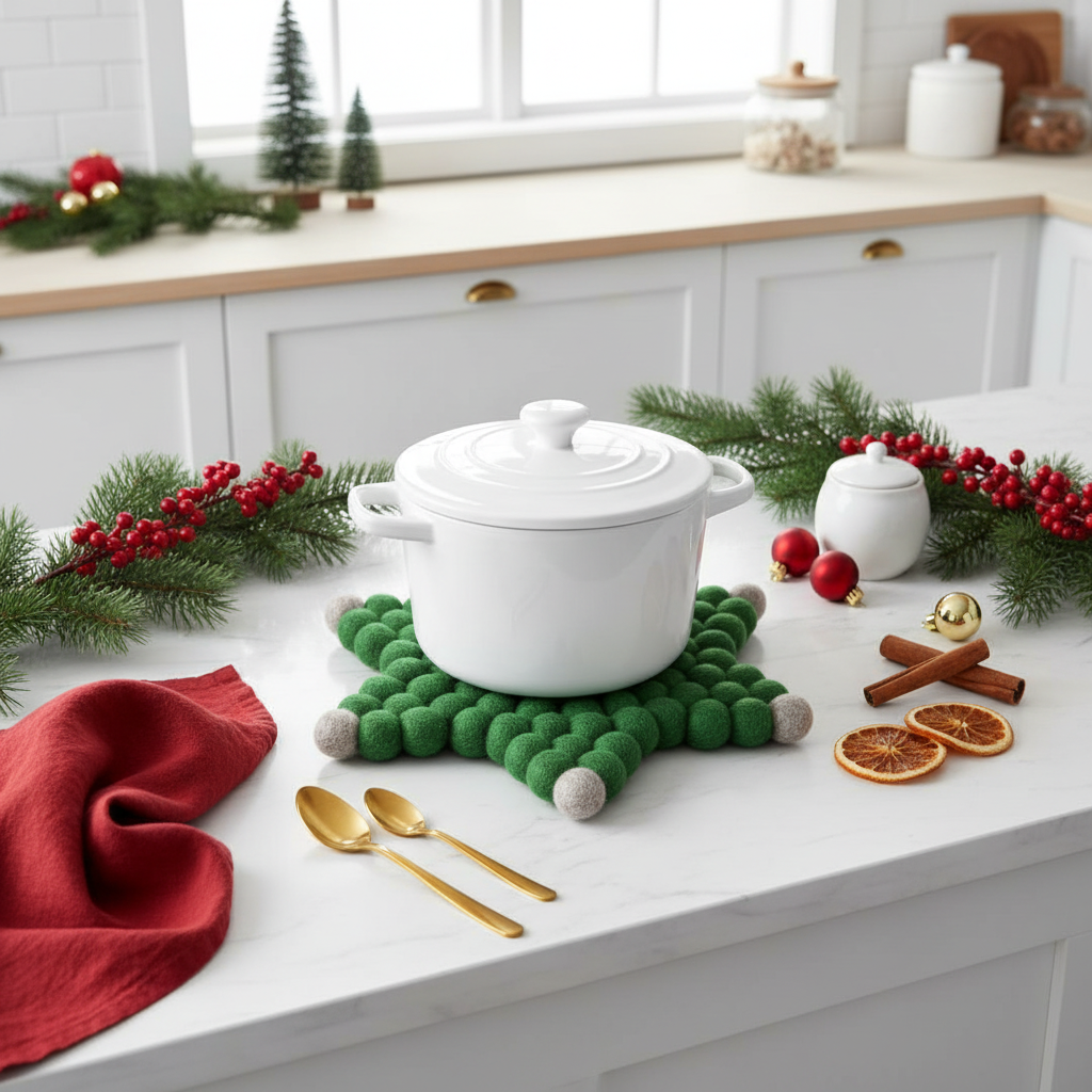 Handmade Wool Trivets - Star Christmas Green