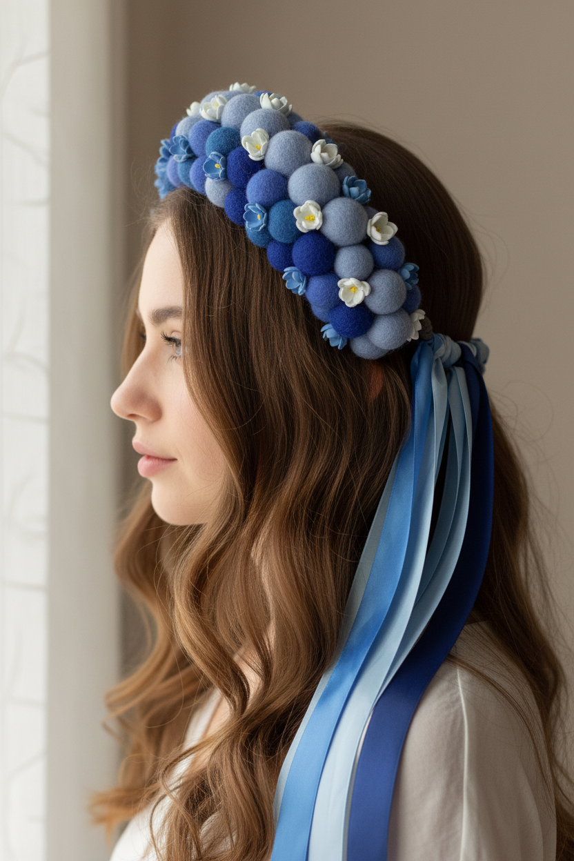 Sky Blue Wool Ball Flower Crown with Satin Ribbons