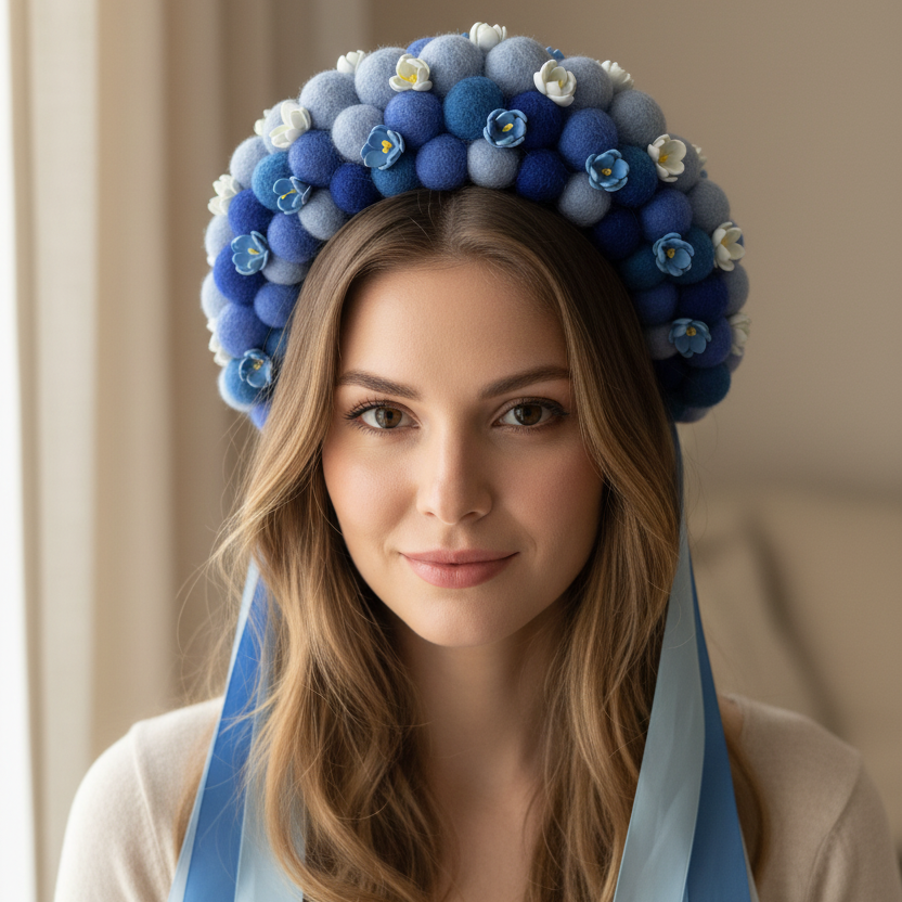 Woman wearing a decorative headpiece with blue and white flowers against a neutral background