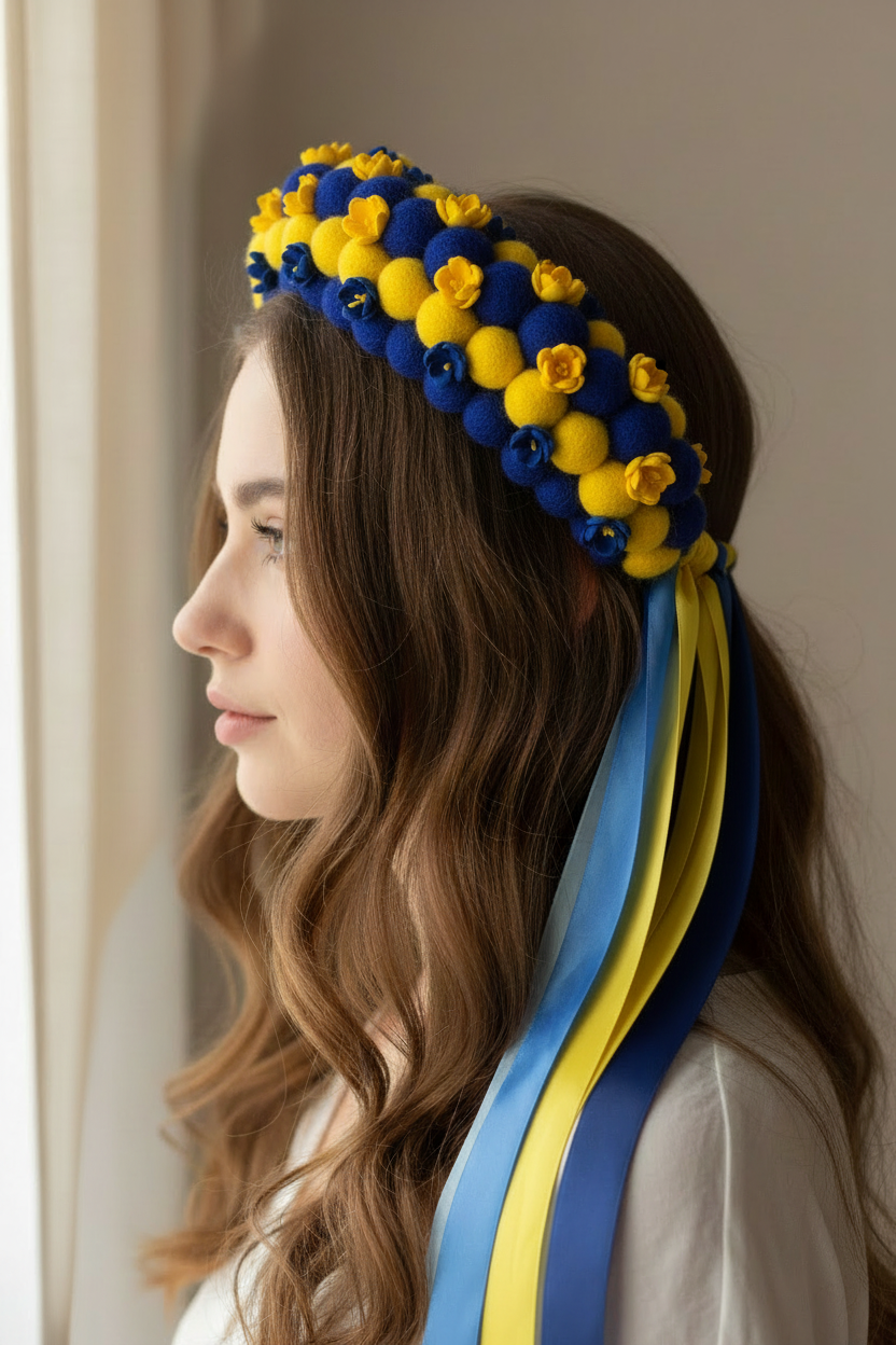 Blue and Yellow Wool Ball Flower Crown with Satin Ribbons
