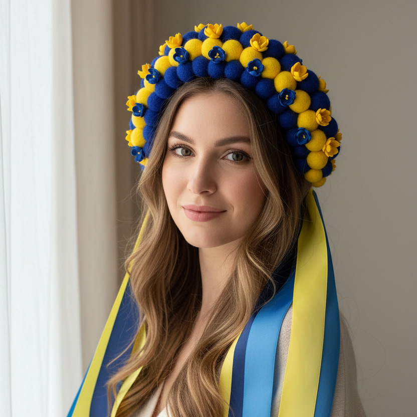 Blue and Yellow Wool Ball Flower Crown with Satin Ribbons