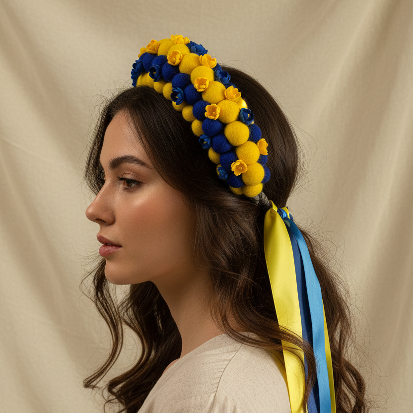 Woman wearing a floral headband with blue and yellow ribbons on a beige background