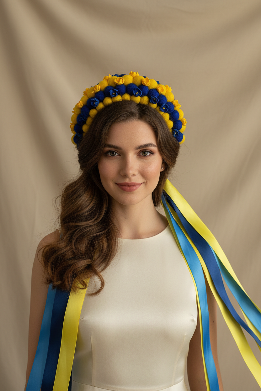 Yellow and Blue Wool Ball Flower Crown with Satin Ribbons