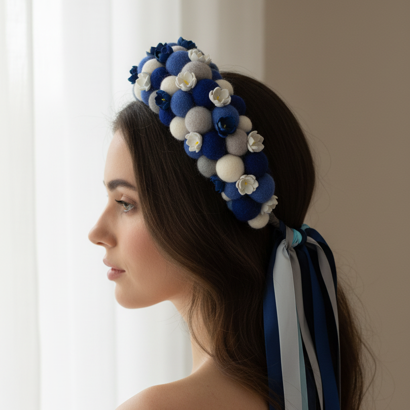 Navy Blue Wool Ball Flower Crown with Satin Ribbons