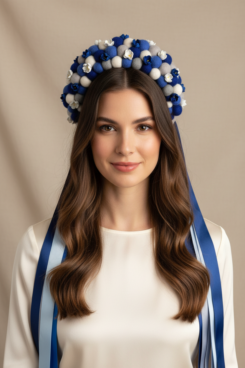 Navy Blue Wool Ball Flower Crown with Satin Ribbons
