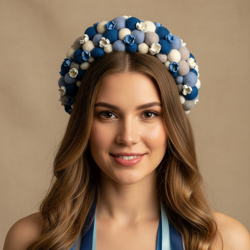 Woman wearing a decorative headpiece with blue and white flowers against a beige background