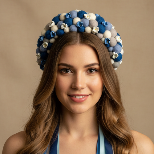 Woman wearing a decorative headpiece with blue and white flowers against a beige background