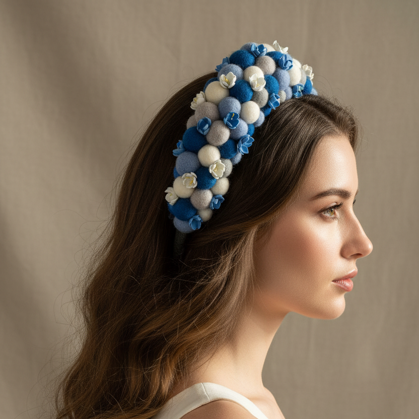 Woman wearing a blue and white floral headband against a neutral background