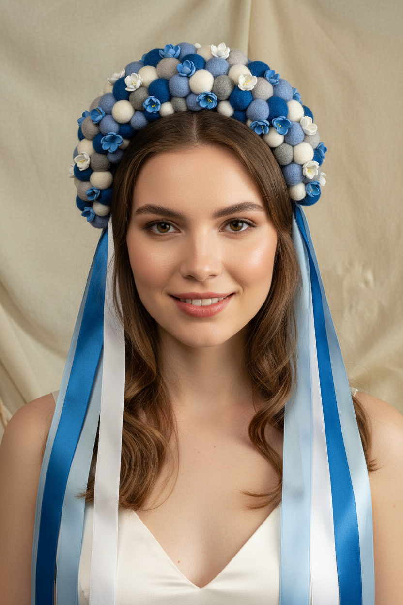 Blue and Grey Wool Ball Flower Crown with Satin Ribbons