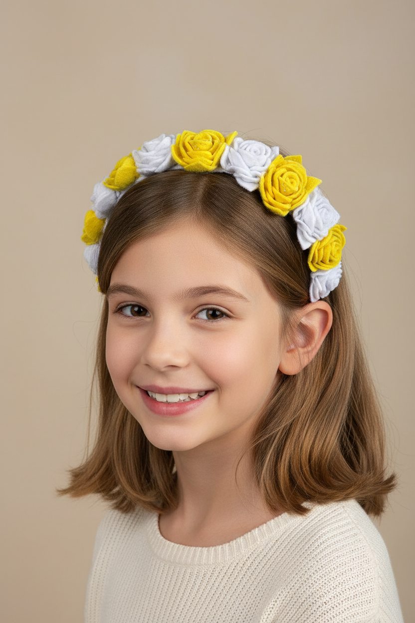 Handmade Girls Rose Hair Band - Yellow & White