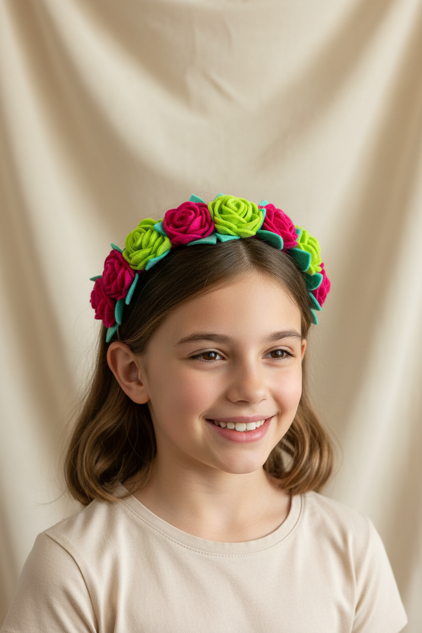 Handmade Girls Rose Hair Band - Green & Magenta