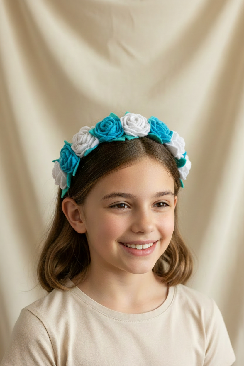 Handmade Girls Rose Hair Band - Sky Blue & White