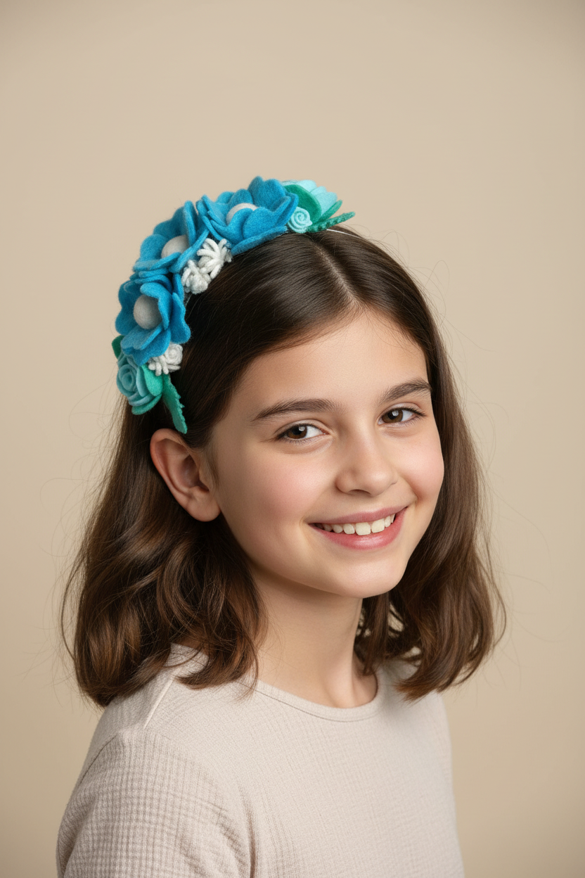 Handmade Girls Side Flower Hair Band - Sky Blue & White