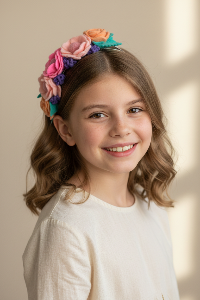 Handmade Girls Side Rose Hair Band - Rainbow Mix