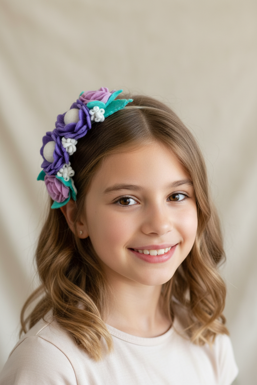 Handmade Girls Side Flower Hair Band - Purple Mix