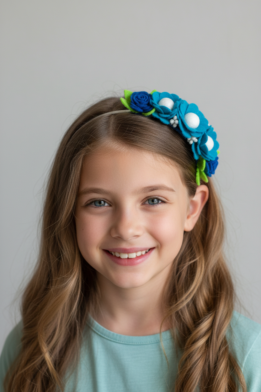 Handmade Girls Side Rose Hair Band - Blue Mix