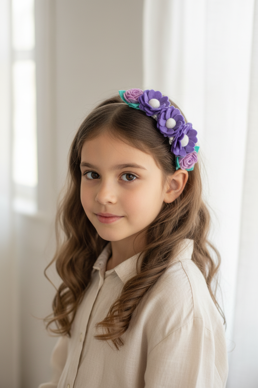 Handmade Girls Side Flower Hair Band - Purple Mix