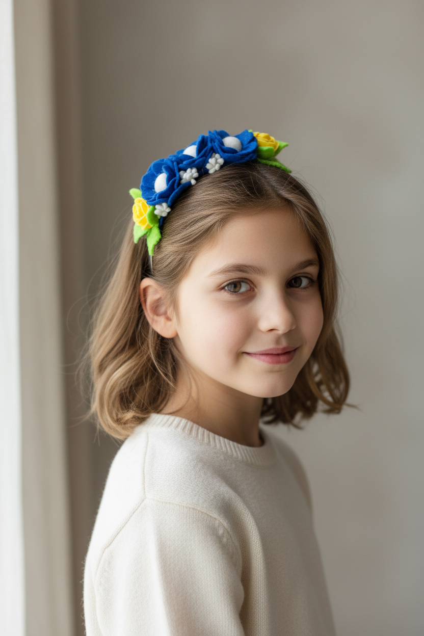 Handmade Girls Side Rose Hair Band - Blue & Yellow