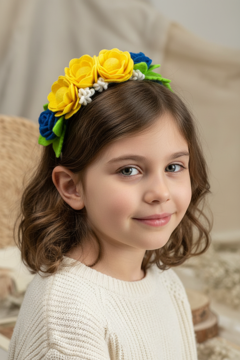 Handmade Girls Side Rose Hair Band - Yellow, Blue & Green