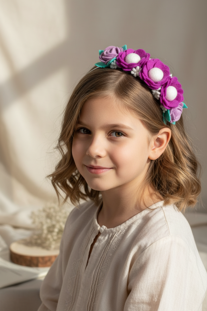 Handmade Girls Side Flower Hair Band - Purple & Turquoise