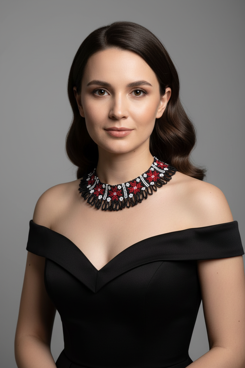 Handmade Beaded Necklace "Red Stars"