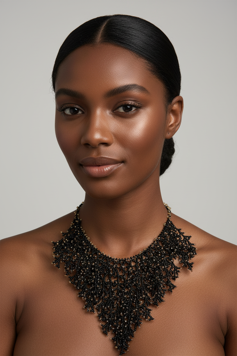 Black and Gold Beaded Collar Necklace with Coral Branch Design