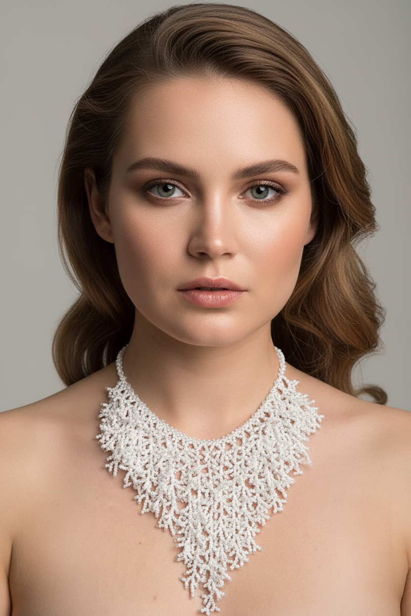 White Beaded Collar Necklace with Coral Branch Design