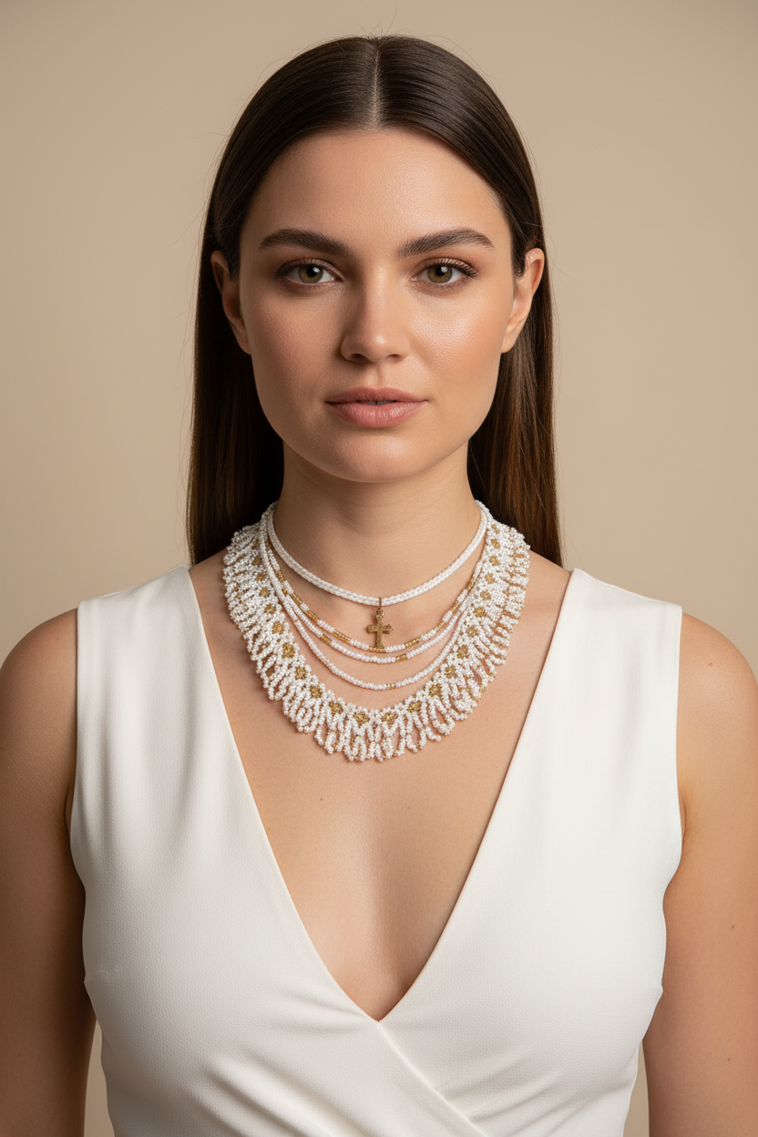 White Beaded Necklace with Cross and Tassels