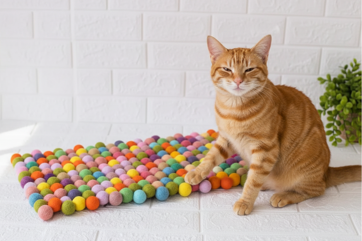 Rainbow Dreams - Wool Ball Pet Bed Mat for Cats & Small Dogs