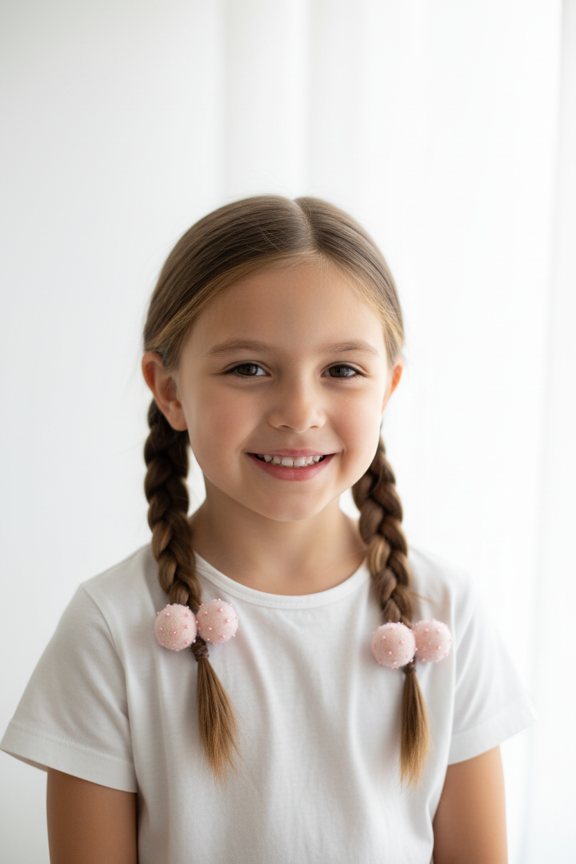 Light Pink Pom Pom Hair Ties, Set of 2, with beads