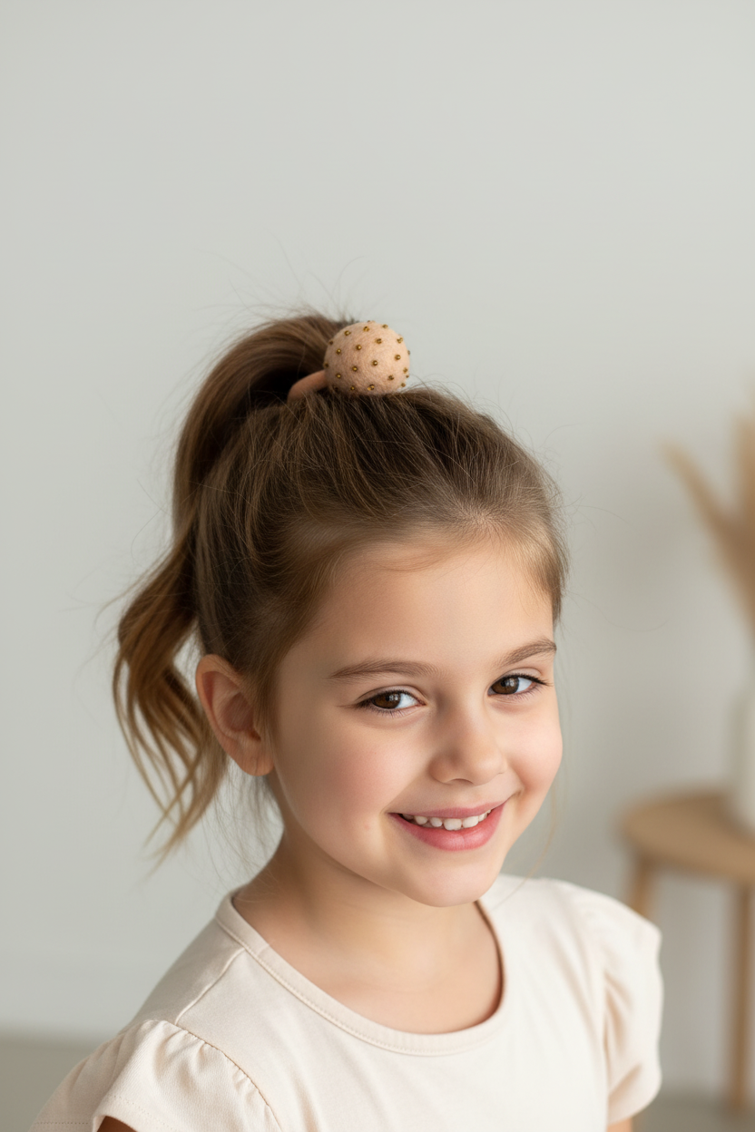 Peach Pom Pom Hair Ties, Set of 2, with Dark Gold Beads