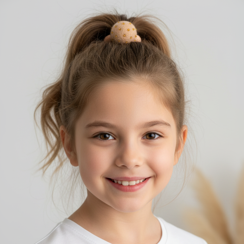 Peach Pom Pom Hair Ties, Set of 2, with Bright Gold Beads