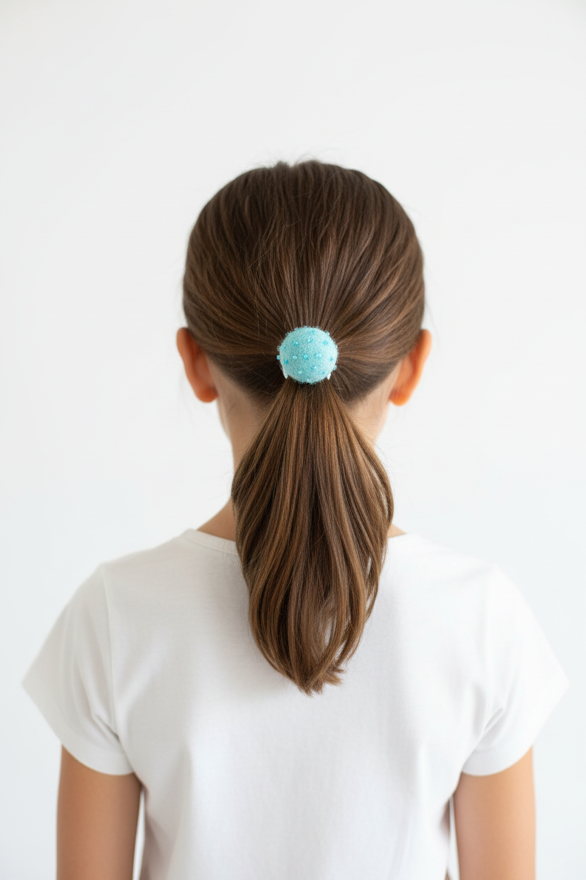 Mint Turquoise Pom Pom Hair Ties, Set of 2, with Blue Beads